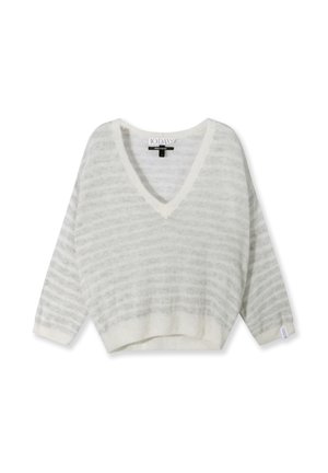 Lichtgrijze gestreepte trui met een V-hals, cropped ontwerp en driekwart mouwen. Gemaakt van zachte, getextureerde stof met een geribbelde zoom.