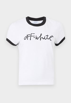 Hvid bomulds-T-shirt med sort ribstrikket krave og manchetter, med fed sort "OFF-white" logo på tværs af brystet. Korte ærmer, standard pasform.