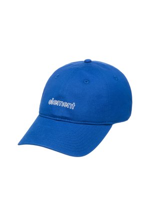 Casquette de baseball bleue en coton avec logo "element" brodé en blanc. Elle a une visière incurvée et six œillets de ventilation.