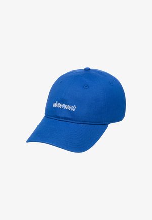 Blaue Baseballmütze aus Baumwolle mit gesticktem "Element"-Logo in Weiß. Sie hat einen gebogenen Schirm und sechs Belüftungslöcher.