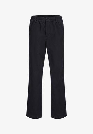 Zwarte broek met rechte pijpen, elastische tailleband, knoopsluiting en een vlakke voorkant, ontworpen voor casual of kantoor gebruik.