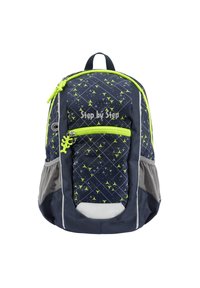 Marinefarbener Rucksack mit lebhaften grünen Akzenten, geometrischen Mustern, zwei Reißverschlussfächern, Netzseitentaschen und einem verstärkten Boden.