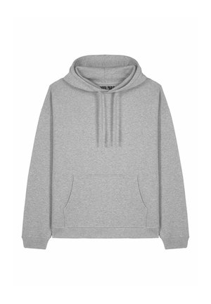 Sweatshirt gris en tissu doux, avec une capuche à cordon de serrage, une poche kangourou à l'avant et des poignets et un ourlet côtelés.