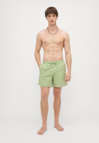 Heledad rohelised ujumispüksid, mis on valmistatud kiiresti kuivatatavast kangast, elastse vöökoha ja paelaga ning väike logo äärtes.