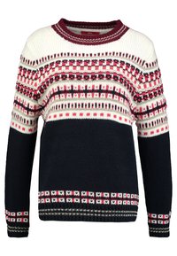 Sweter dziergany z okrągłym dekoltem. Biało-granatowy korpus, ozdobiony kolorowymi wzorami geometrycznymi w czerwieni i czerni na klatce piersiowej oraz rękawach.