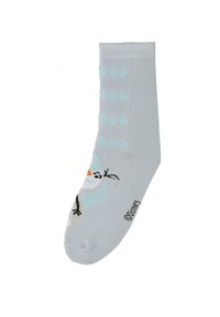 Helle graue Socke mit einem Schneemann-Design und hellblauen Rautenmuster. Hergestellt aus Strickmaterial, hat sie eine glatte Textur und einen gerippten Schaft.