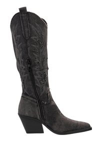 Bota vaquera de mezclilla negra con patrones florales bordados, punta afilada, tacón cuadrado, cremallera lateral y acabado texturizado.