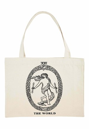 Große beige Leinentasche mit einem schwarzen Linienstil-Design eines Figures, der zwei Zauberstäbe und einen Vogel hält, eingerahmt von einem Oval und Text darunter.