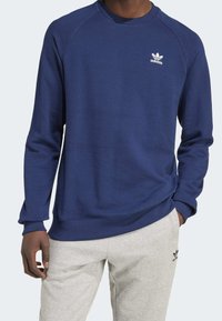 Sudadera de color azul marino en tejido suave con mangas raglán y cuello redondo. Presenta un pequeño logo blanco de Adidas en el pecho.