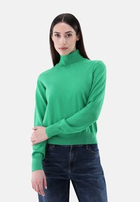 Grüner Rollkragenpullover aus leichtem Strickstoff. Mit gerippten Bündchen und Saum, in taillierter Passform. Kombiniert mit dunklen Jeans.