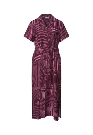 Midi-jurk met korte mouwen en knopen in donkerpaars met abstracte roze lijnpatronen en een bijpassende stoffen riem in de taille.