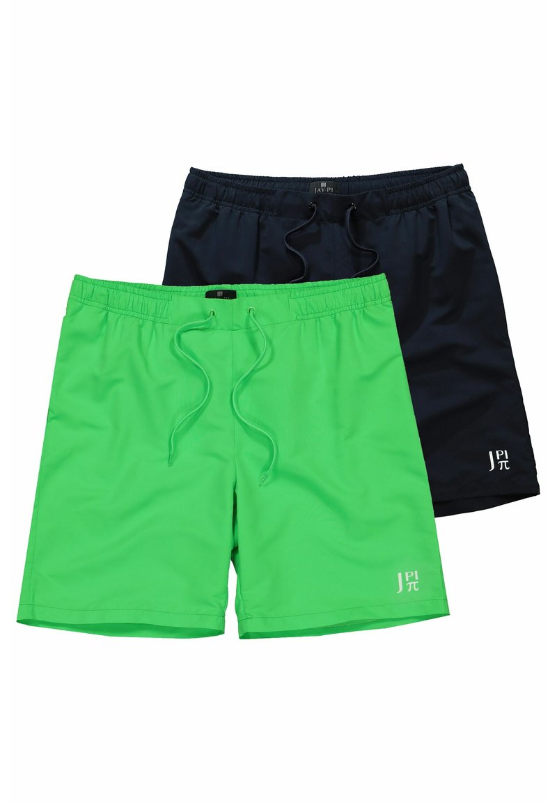 Groene en marineblauwe zwemshorts set, met een elastische tailleband, trekkoord, een gladde textuur en logo detail in de linkerbenedenhoek.