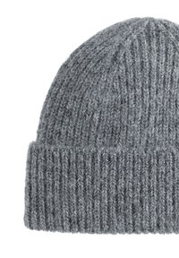 Gray knitted beanie made from soft wool, featuring a ribbed texture and a turn-up cuff for warmth and comfort.