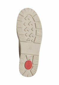 Semelle de chaussure avec motif de traction en relief, couleur beige clair, matériel en caoutchouc, avec accent rouge, taille 37 indiquée sur la semelle.