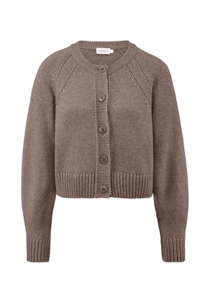 Brauner Strickcardigan mit kürzerem Design, runder Ausschnitt, Raglanärmel und fünf vorderen Knöpfen. Mit gerippten Bündchen und Saumdetails.