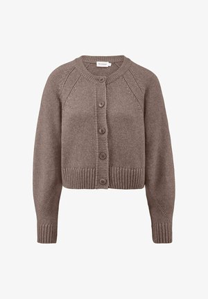 Cardigan en tricot marron avec un design court, col rond, manches raglan et cinq boutons à l'avant. Détails à bords côtelés aux poignets et à l'ourlet.