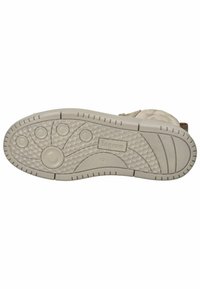 Semelle de sneaker beige clair avec un motif texturé, présentant des formes circulaires et ovales pour l'adhérence. Logo « Legero » embossé sur le côté.