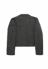 Szara wełniana kurtka z kołnierzem, długimi rękawami i krótkim krojem. Teksturowany materiał o miękkim wykończeniu i bez widocznych elementów metalowych.