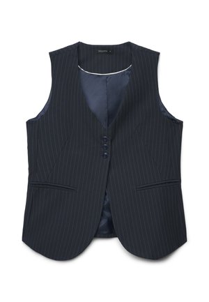 Gilet senza maniche a righe sottili blu navy con tre bottoni frontali, due tasche frontali a fessura e fodera interna liscia.