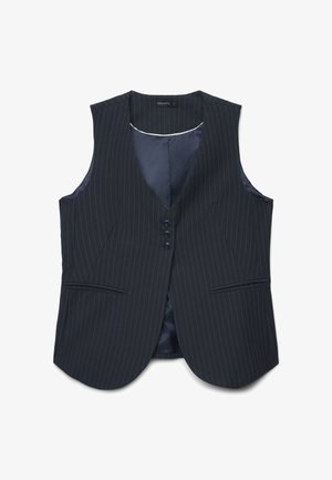 Gilet senza maniche a righe sottili blu navy con tre bottoni frontali, due tasche frontali a fessura e fodera interna liscia.