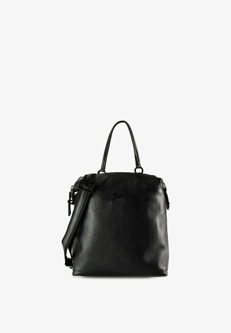 Sac à main en cuir texturé noir avec deux anses, une poignée courte et une bandoulière réglable, sur un fond blanc.