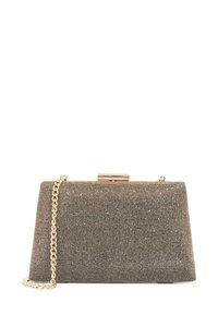 Rectangular dark gold glitter clutch with gold-tone chain strap and metallic clasp closure on top.