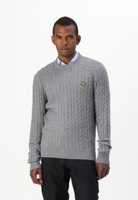 Suéter de punto grueso gris claro con cuello redondo y puños acanalados, que incluye un pequeño logo amarillo en el lado izquierdo del pecho.