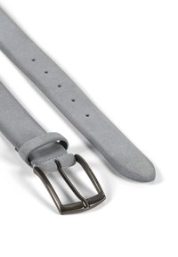 Gray suede belt with a smooth texture, featuring a matte silver-tone metal buckle and multiple holes for size adjustment.