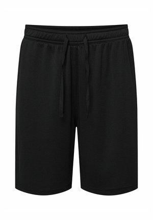 Black athletic shorts with an elastic waistband and drawstring, made from breathable mesh fabric.