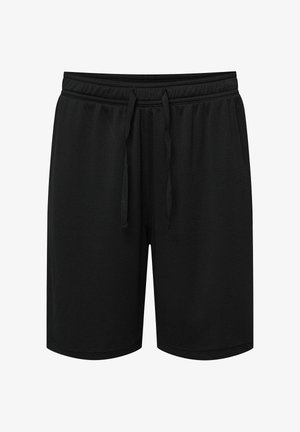 Black athletic shorts with an elastic waistband and drawstring, made from breathable mesh fabric.