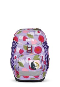 Zaino in tessuto viola con motivo floreale in rosso, rosa e verde. Presenta una tasca frontale con un'illustrazione di un cavallo e dettagli riflettenti.