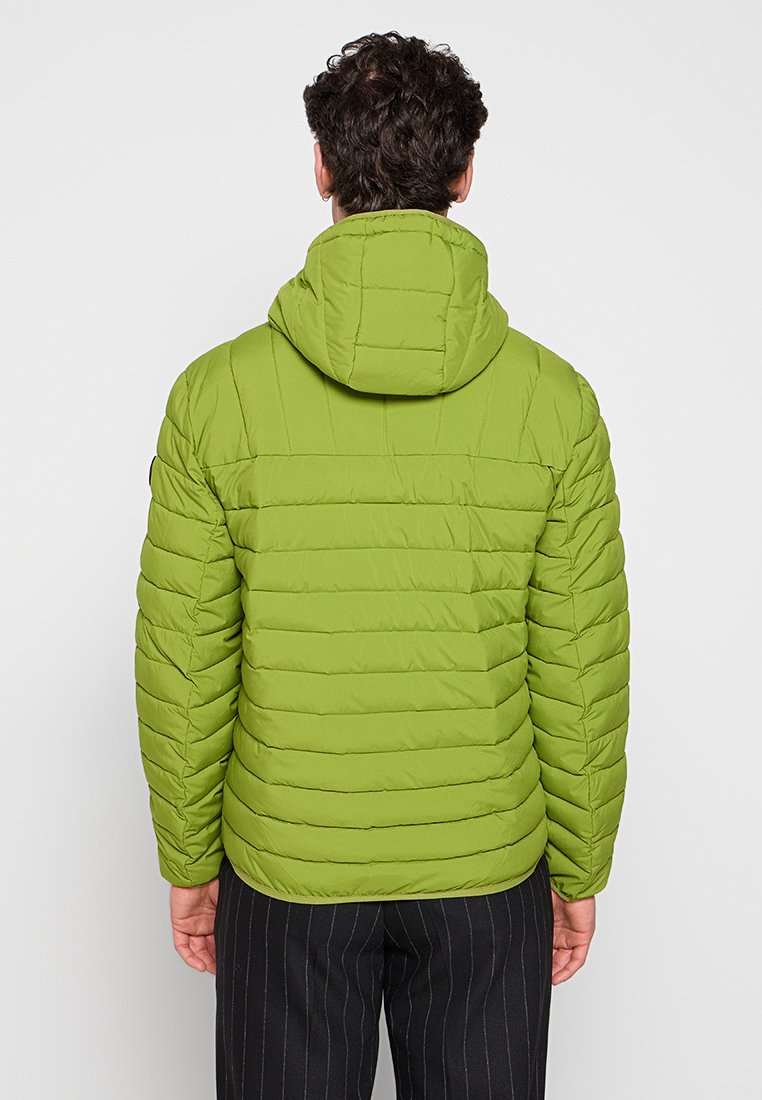 Giacca imbottita verde con cappuccio, caratterizzata da un design trapuntato orizzontale e una superficie liscia. La parte posteriore presenta cuciture di accentuazione per la struttura.