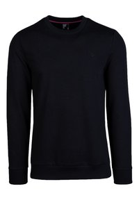 Zwarte sweatshirt met ronde hals, lange mouwen, geribde manchetten en zoom. Heeft een klein logo op de borst en een contrasterende binnenhals.