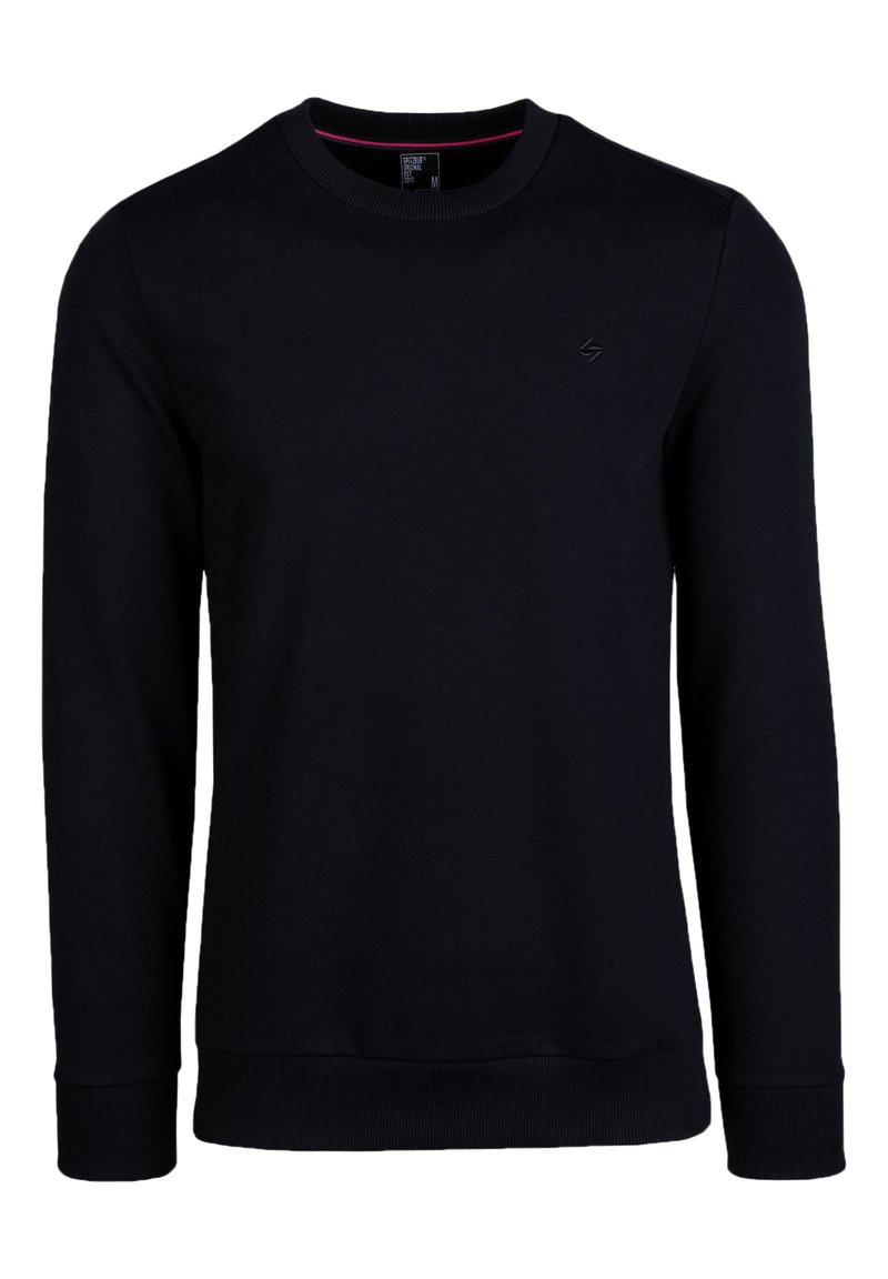 Zwarte sweatshirt met ronde hals, lange mouwen, geribde manchetten en zoom. Heeft een klein logo op de borst en een contrasterende binnenhals.