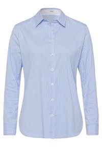 Chemise à boutons bleu clair avec des rayures verticales blanches. Elle comporte un col, des manches longues et des boutons sur le devant.