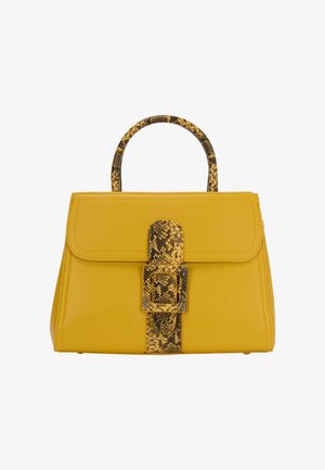 Borsa a tracolla in pelle gialla con un design strutturato. Presenta un manico a stampa rettile nera e gialla e un dettagliato fibbia prominente sul davanti.