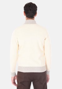 Maglione color crema con colletto e polsini a coste beige. Presenta un motivo a maglia uniforme. Indossato con pantaloni marroni scuri, visto da dietro.