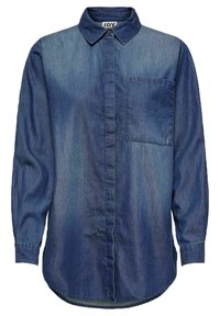Camicia in denim con colletto classico, maniche lunghe, chiusura frontale con bottoni e una tasca sul petto. Texture blu sfumata visibile.