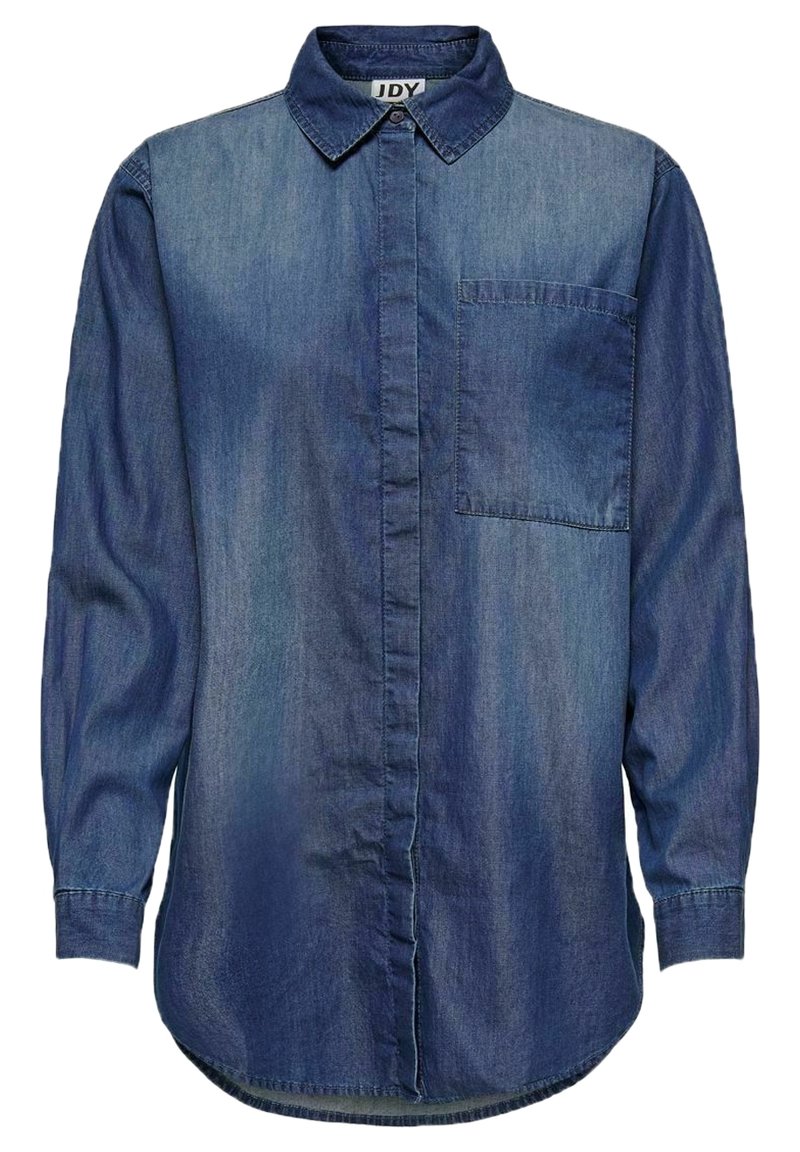 Camicia in denim con colletto classico, maniche lunghe, chiusura frontale con bottoni e una tasca sul petto. Texture blu sfumata visibile.