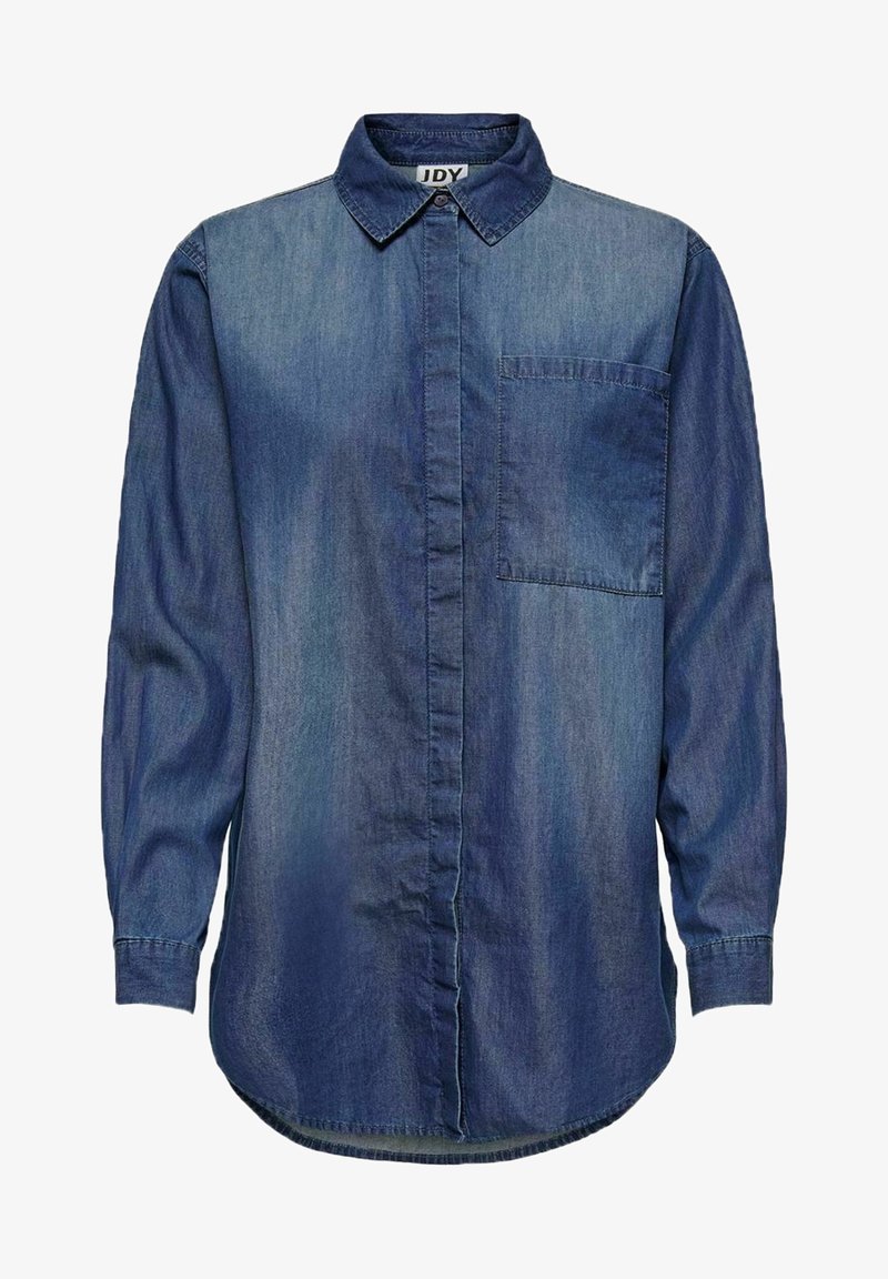 Camicia in denim con colletto classico, maniche lunghe, chiusura frontale con bottoni e una tasca sul petto. Texture blu sfumata visibile.