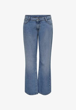 Vaqueros de mezclilla azul claro con corte acampanado, que cuentan con cinco bolsillos y un cierre de botón y cremallera. La tela tiene una textura suave y un acabado desgastado.