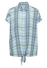Chemise à manches courtes à carreaux bleu clair avec boutons, col et nœud à l'avant, avec des rayures vertes et bleu marine.