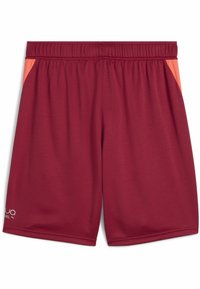 Tamsiai raudoni sportiniai šortai, pagaminti iš kvėpuojančios medžiagos, su elastingu juosmeniu ir oranžinėmis detalėmis šonuose. Įtrauktas logotipas.