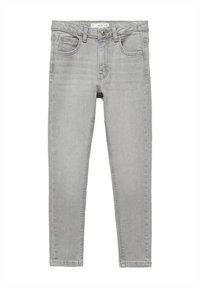 Grå denim skinny jeans med midjehöjd, fem fickor och subtil blekning. Har dragkedja och bälteshällor.