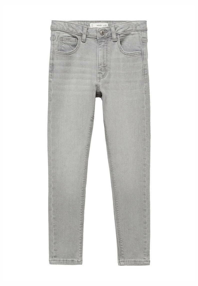 Grå denim skinny jeans med midjehöjd, fem fickor och subtil blekning. Har dragkedja och bälteshällor.