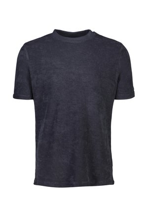 Dunkelblaues T-Shirt mit kurzen Ärmeln aus weichem Stoff. Mit Rundhalsausschnitt und glatter Textur, mit minimaler Ausstattung.