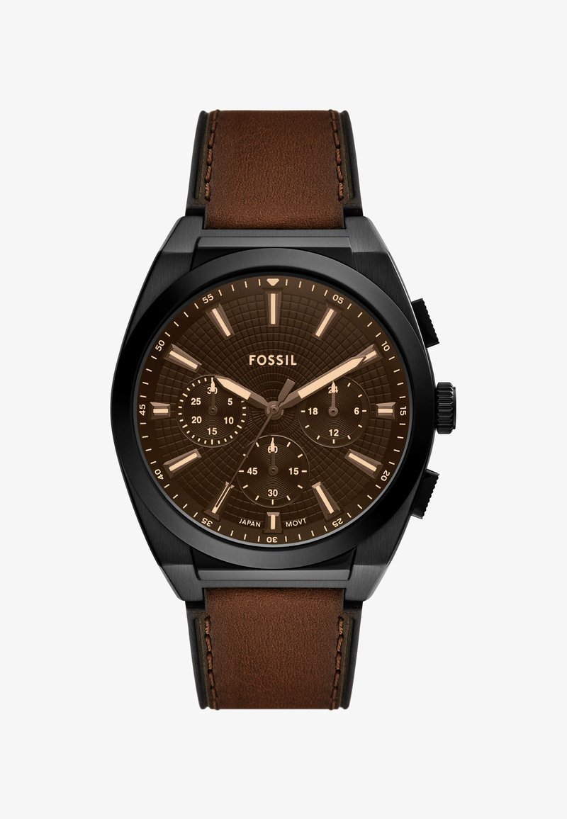 Chronograph watch with a dark brown textured dial, black stainless steel case, and brown leather strap. Features luminous hour markers.