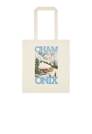 Bomuldstaske med vintage-tryk af sneklædte bjerge, fyrretræer, chalet og skiløbere, med teksten "CHAM ONIX" i blå bogstaver.