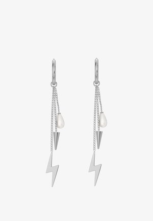 Silberne, hängende Ohrringe mit Blitzeformen, einer tropfenförmigen Perle und konischen Akzenten, die an Kettenlinks hängen.