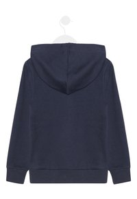 Felpa con cappuccio blu scuro realizzata in tessuto morbido. Presenta un cappuccio, polsini e vita a costine. Tessuto liscio senza motivi o decorazioni visibili.